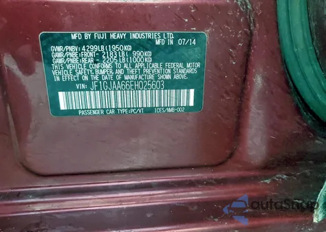 2014 Subaru Impreza z USA, uszkodzony, nr VIN JF1GJAA66EH025603